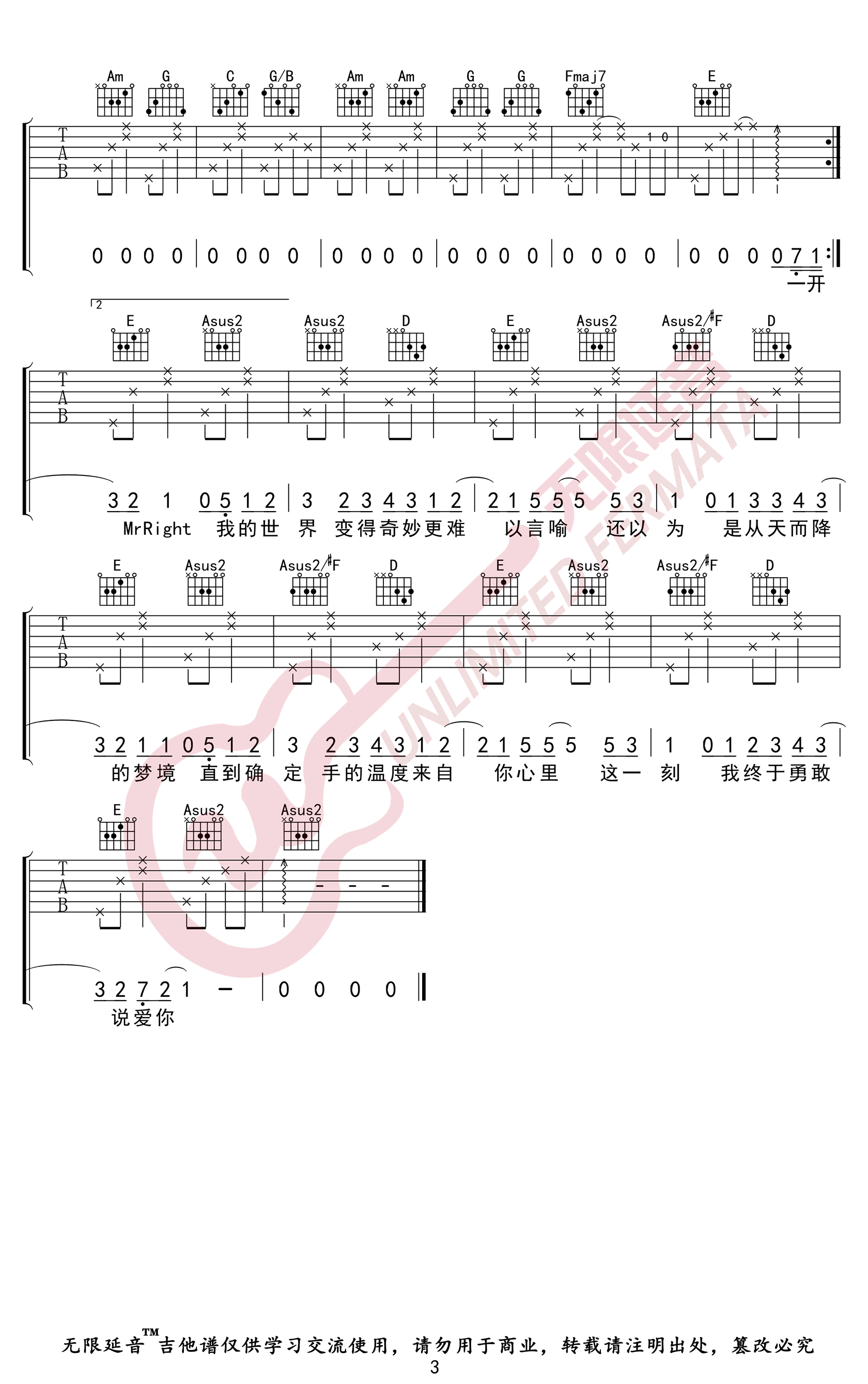 _说爱你_吉他谱_沈以诚/蔡依林_A调弹唱六线谱