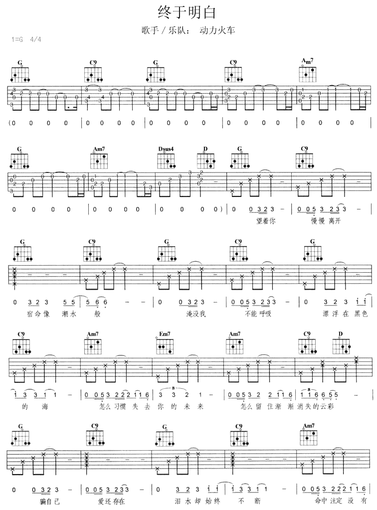 终于明白吉他谱_G调六线谱_附前奏_动力火车
