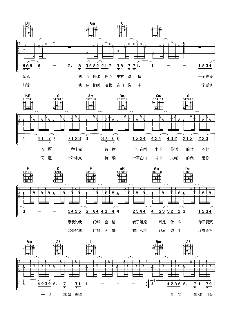 _我们都会错_吉他谱_潘玮柏_F调弹唱六线谱