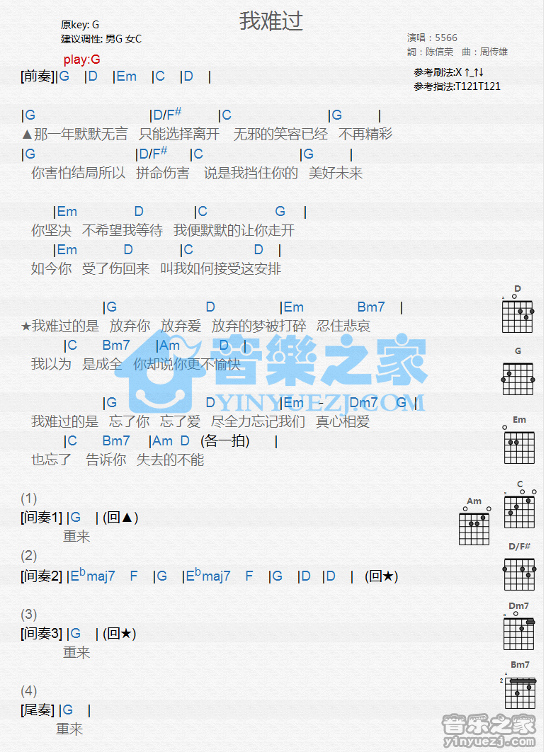 我难过吉他谱_G调和弦谱_5566组合