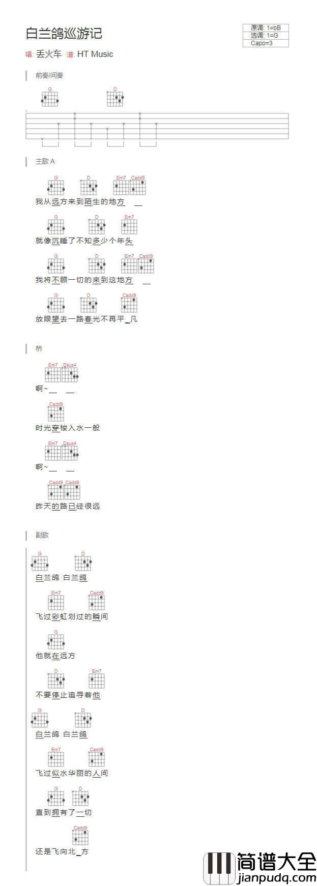 白兰鸽巡游记吉他谱_和弦谱_TXT谱_江流儿编配版本_丢火车乐队