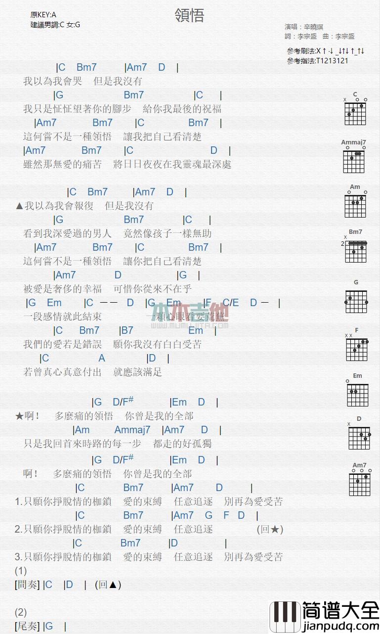 领悟_吉他谱_辛晓琪