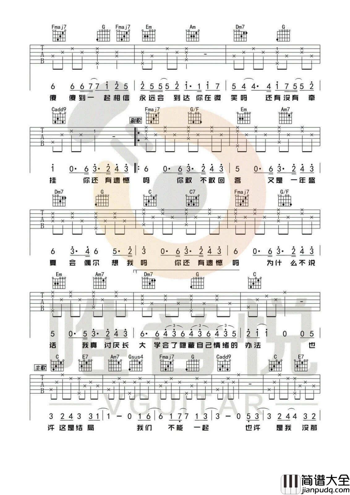耿吉他谱_C调简单版_汪苏泷