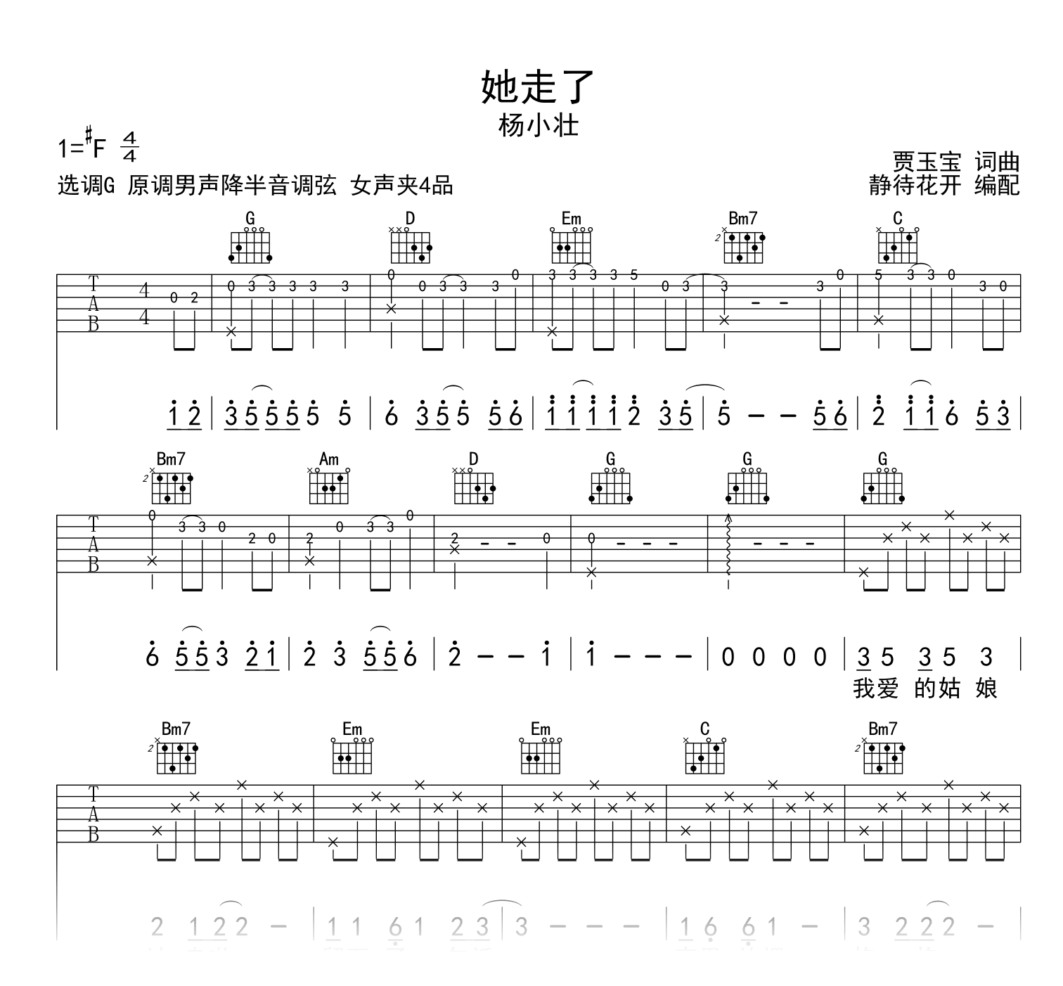 她走了吉他谱_杨小壮_G调弹唱谱_高清六线谱