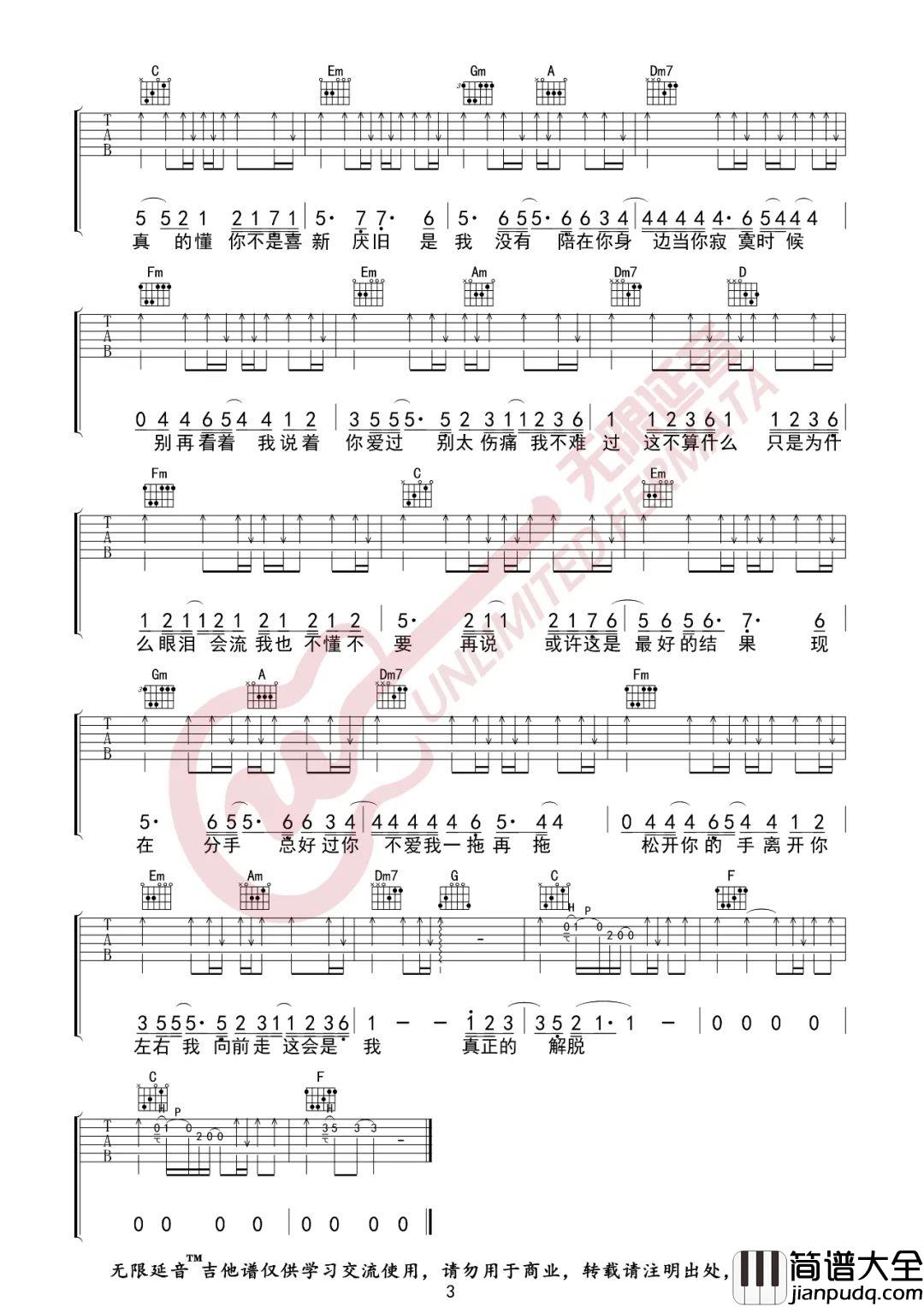 _我不难过_吉他谱_孙燕姿_C调原版弹唱六线谱