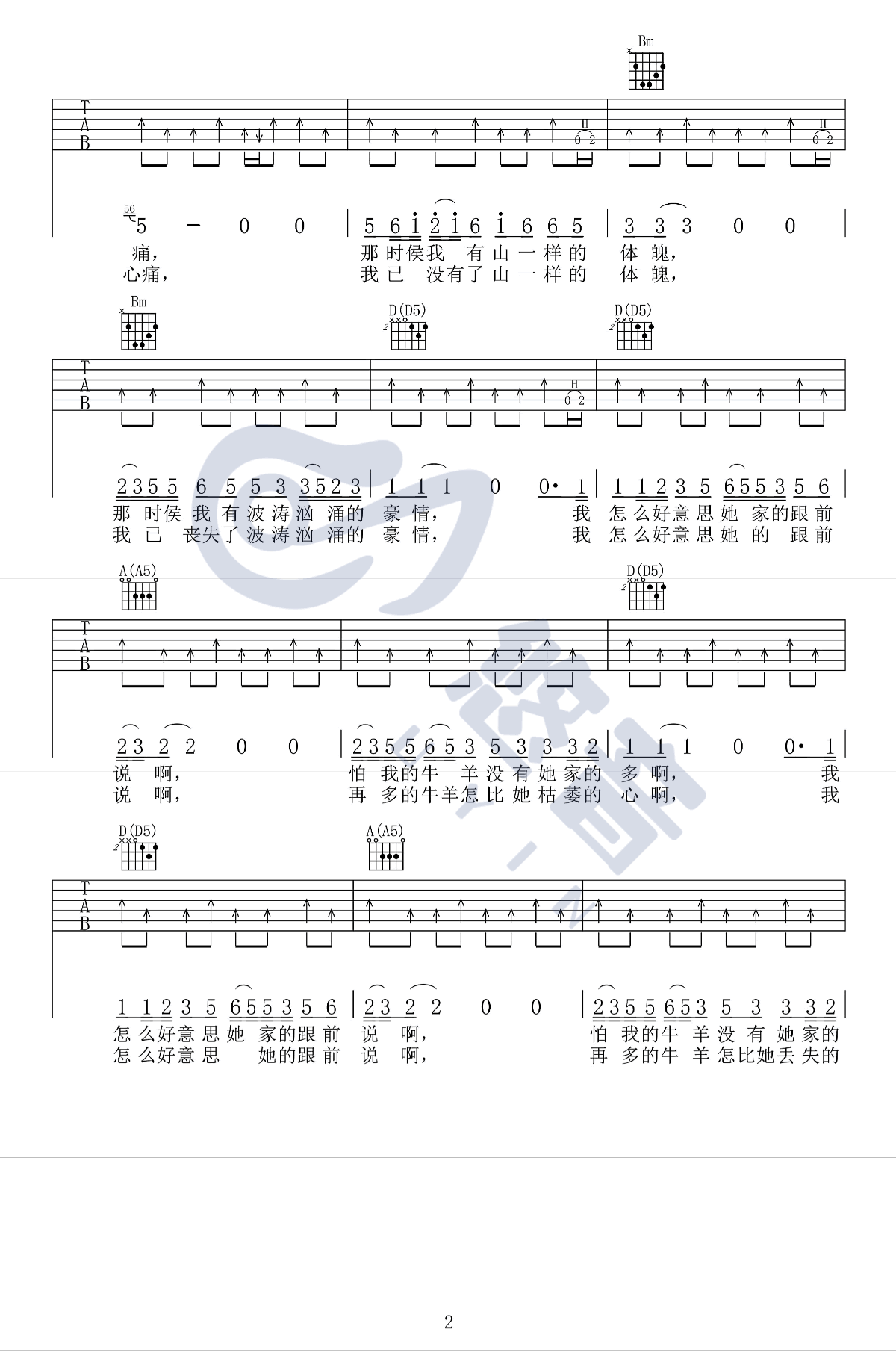 塔吉汗吉他谱_马条_D调弹唱谱_高清版