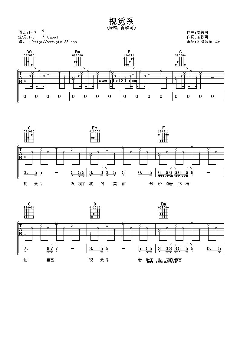 视觉系吉他谱_C调简单版_阿潘音乐工场编配_曾轶可