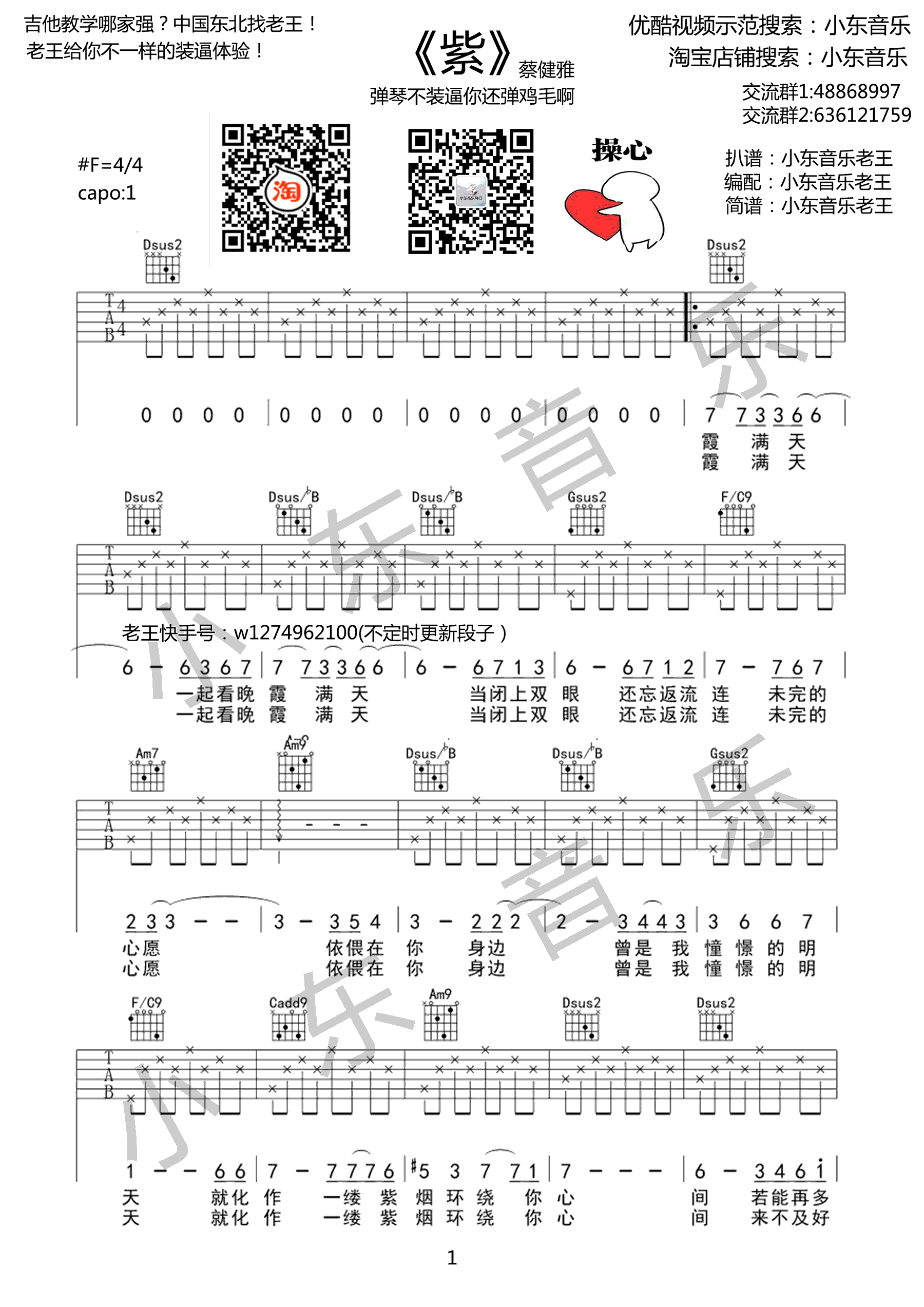 紫吉他谱_蔡健雅__紫_D调六线谱_吉他弹唱教学