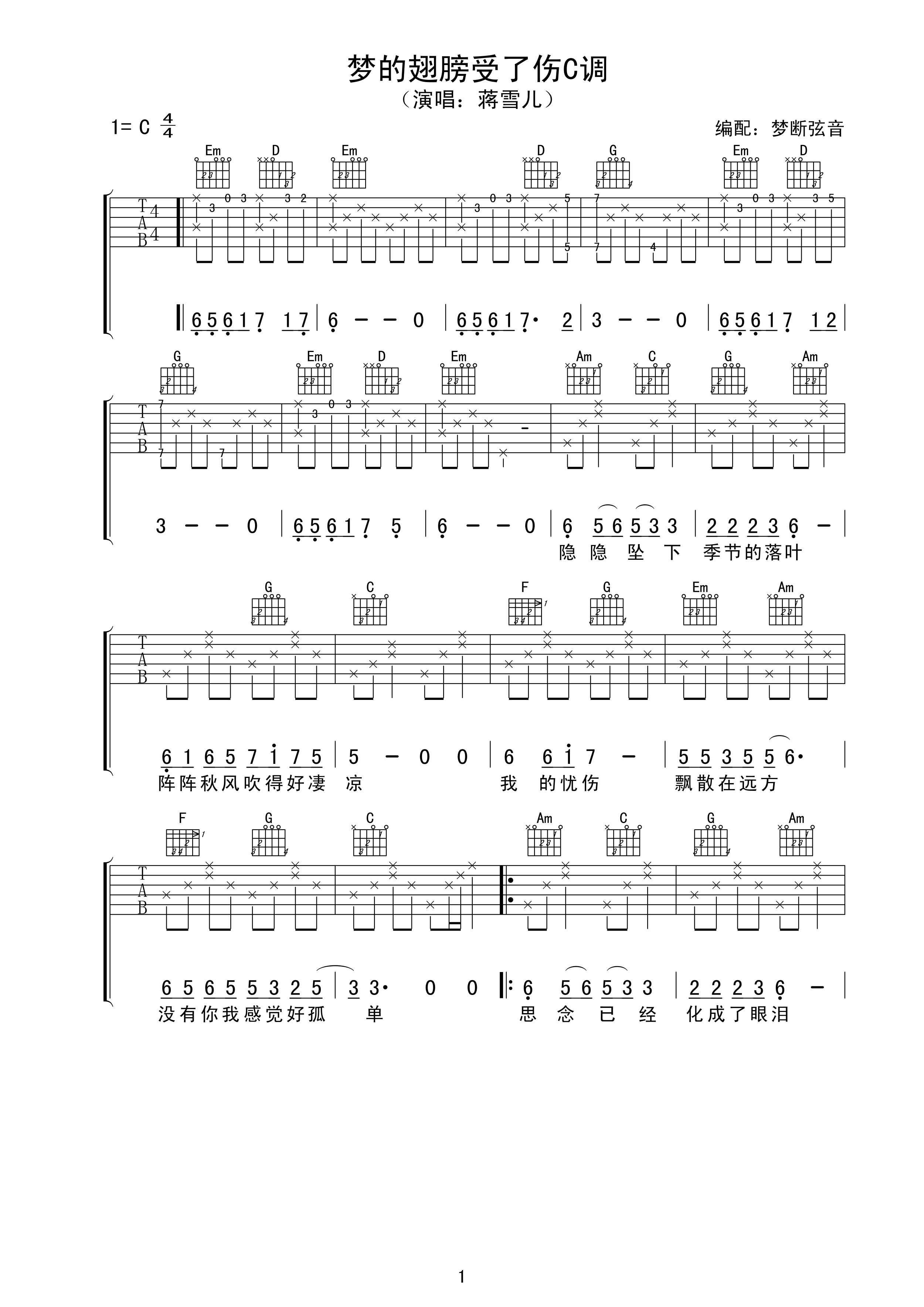梦的翅膀受了伤吉他谱_C调高清版_梦断弦音编配_蒋雪儿