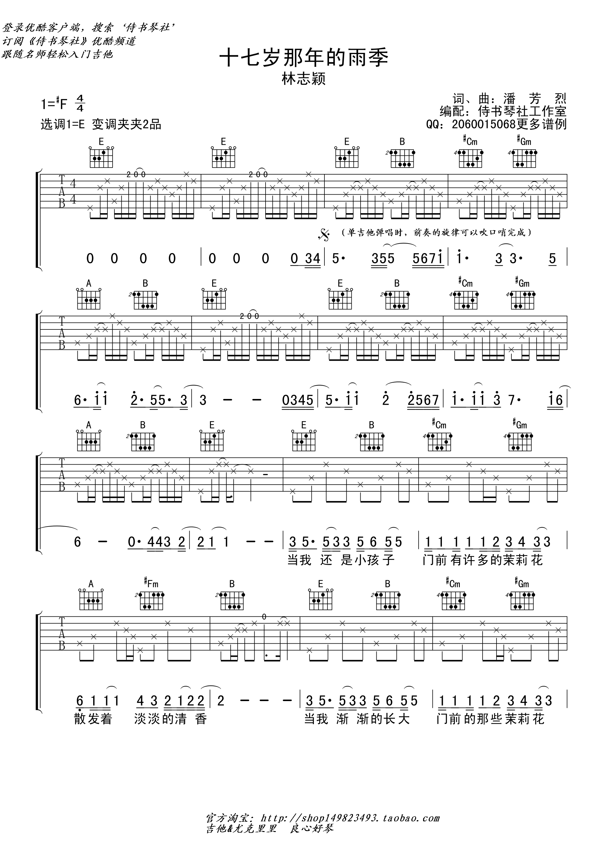 十七岁那年的雨季吉他谱_E调附前奏_待书琴社工作室编配_林志颖