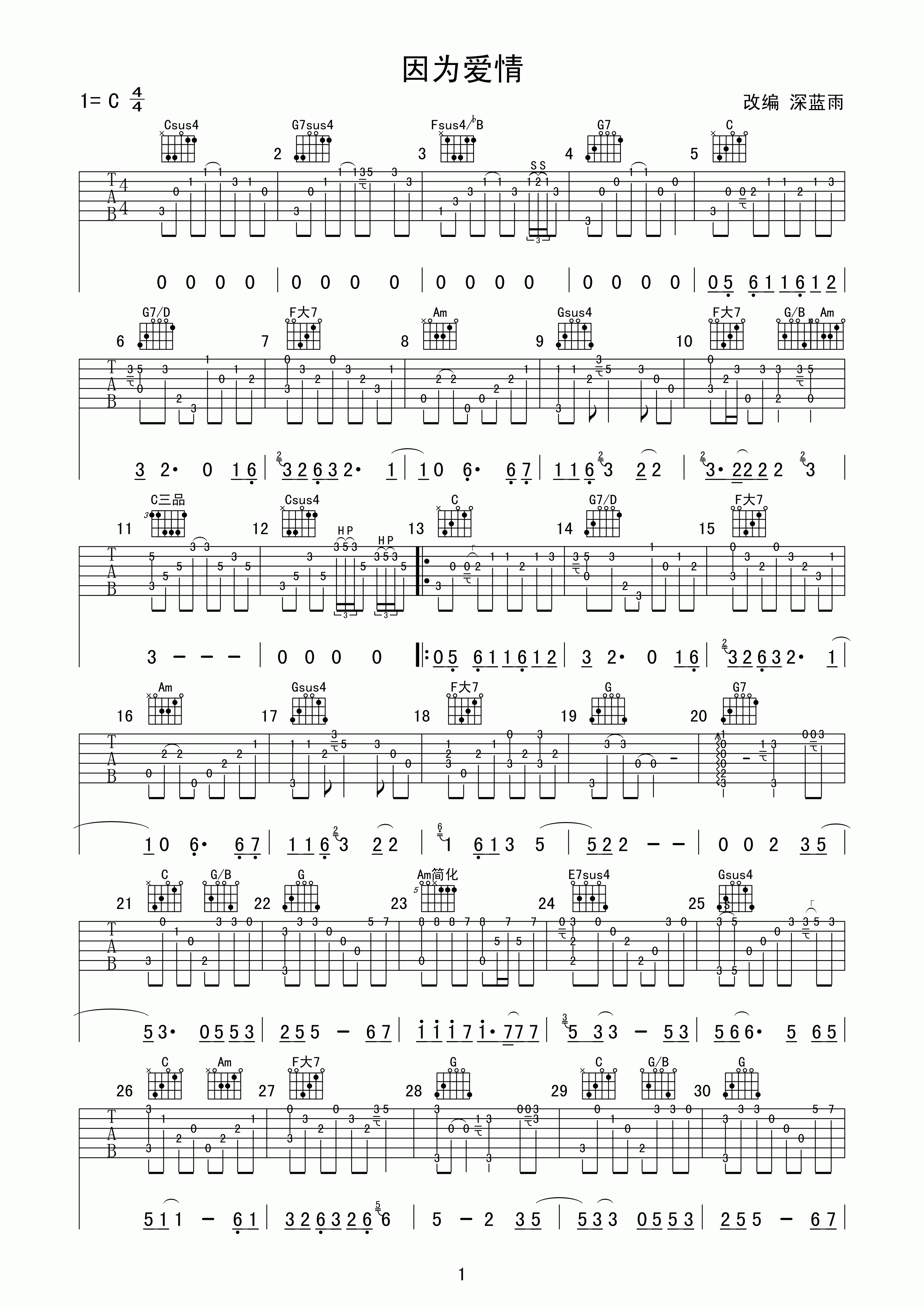 因为爱情指弹谱_C调高清版_深蓝雨吉他编配_陈奕迅