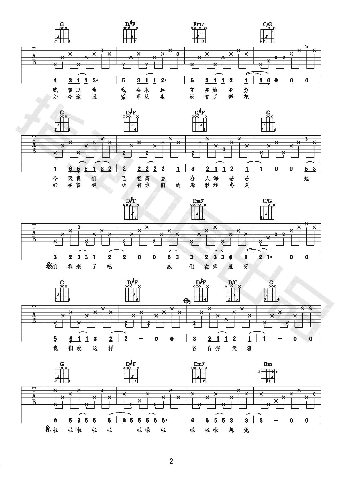 那些花儿吉他谱_朴树_G调弹唱六线谱_原版吉他教学