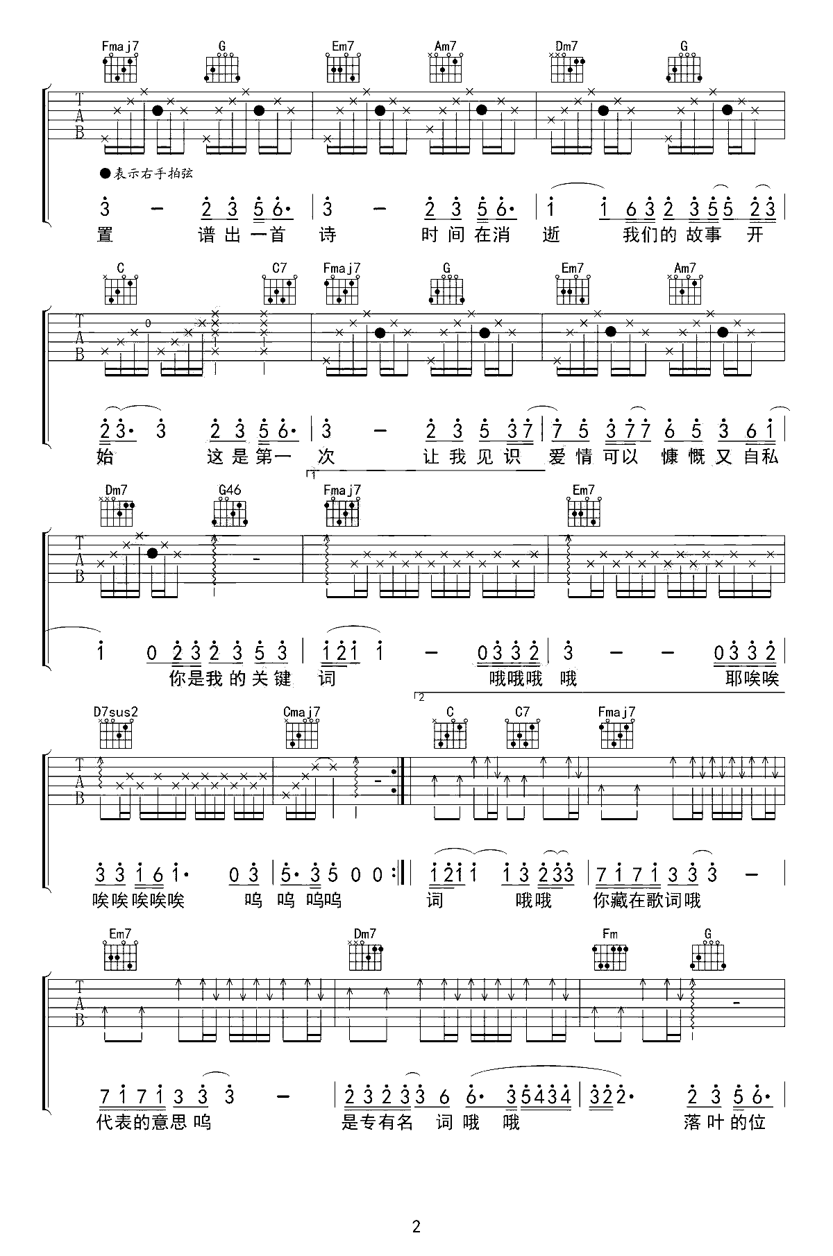 关键词吉他谱_C调_林俊杰_弹唱六线谱