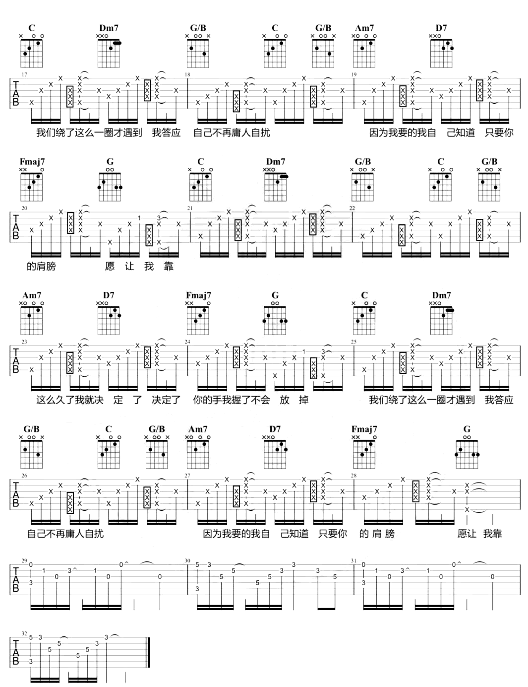 遇到吉他谱_方雅贤/颜人中_C调_吉他教学视频_恶作剧之吻插曲