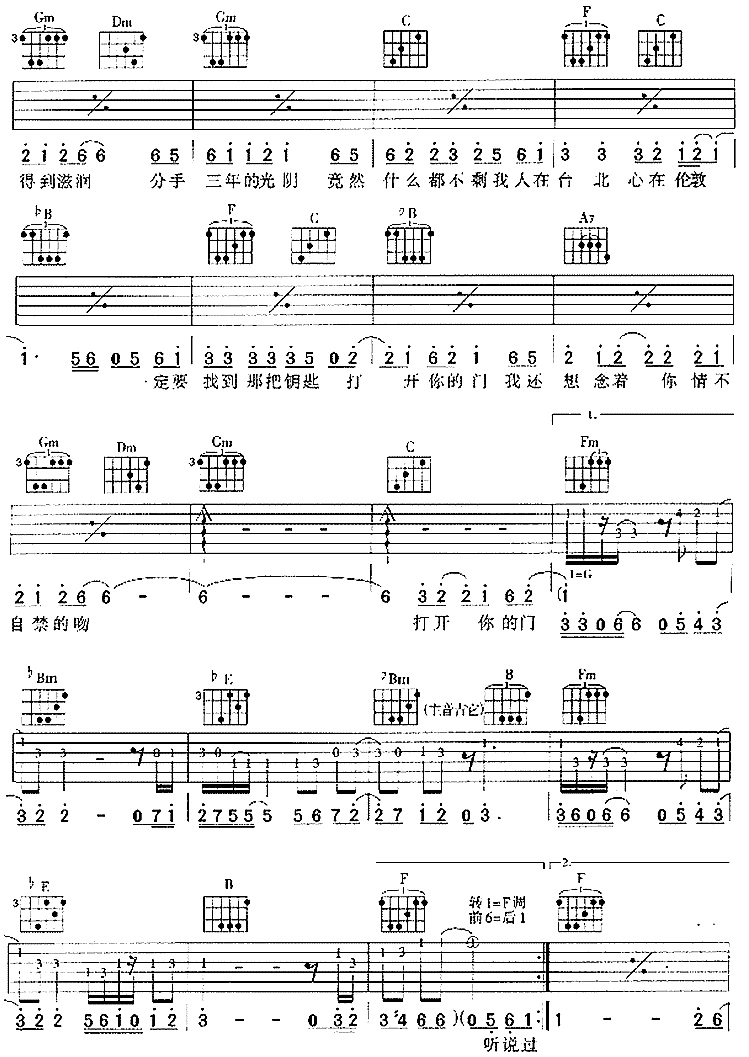 找钥匙吉他谱_F调六线谱_男生版_张信哲