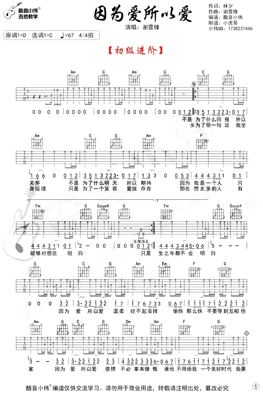 因为爱所以爱吉他谱_C调_谢霆锋_初级进阶版_弹唱教学视频