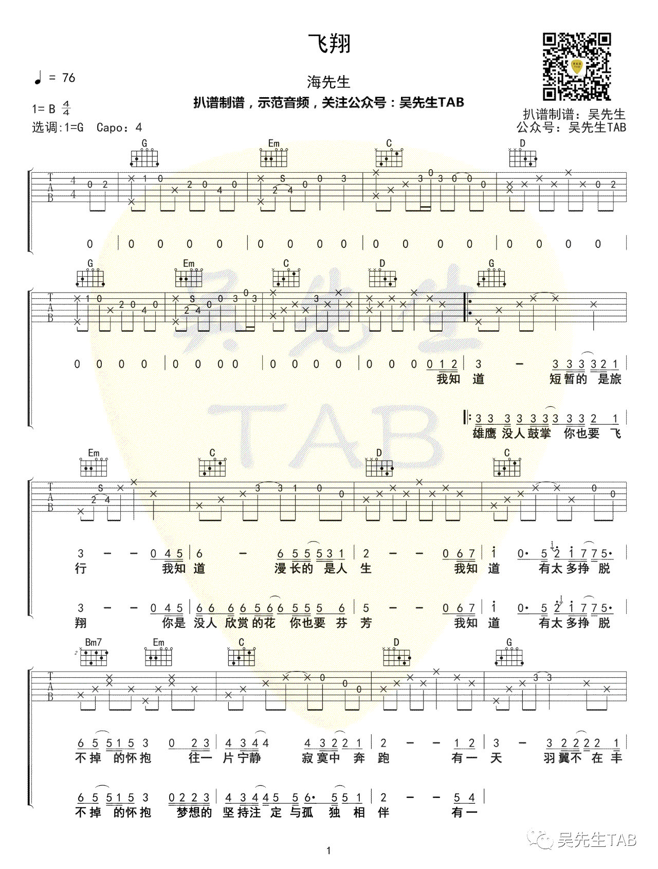 海先生_飞翔_吉他谱_G调弹唱谱_民谣歌曲