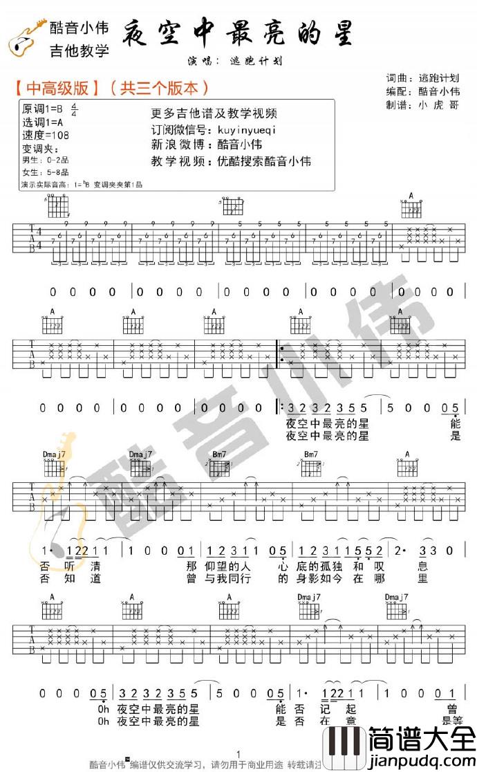 逃跑计划_夜空中最亮的星_C调、G调、A调原版弹唱吉他六线谱_【三个版本】