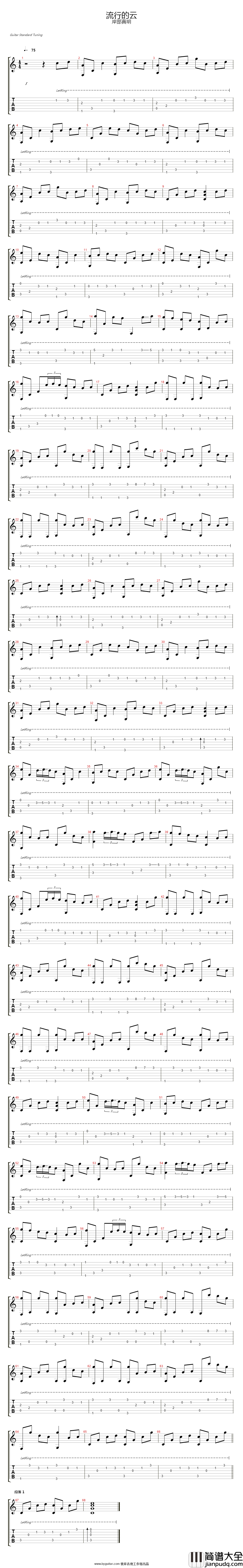流行的云指弹谱_六线谱_简单版_岸部真明