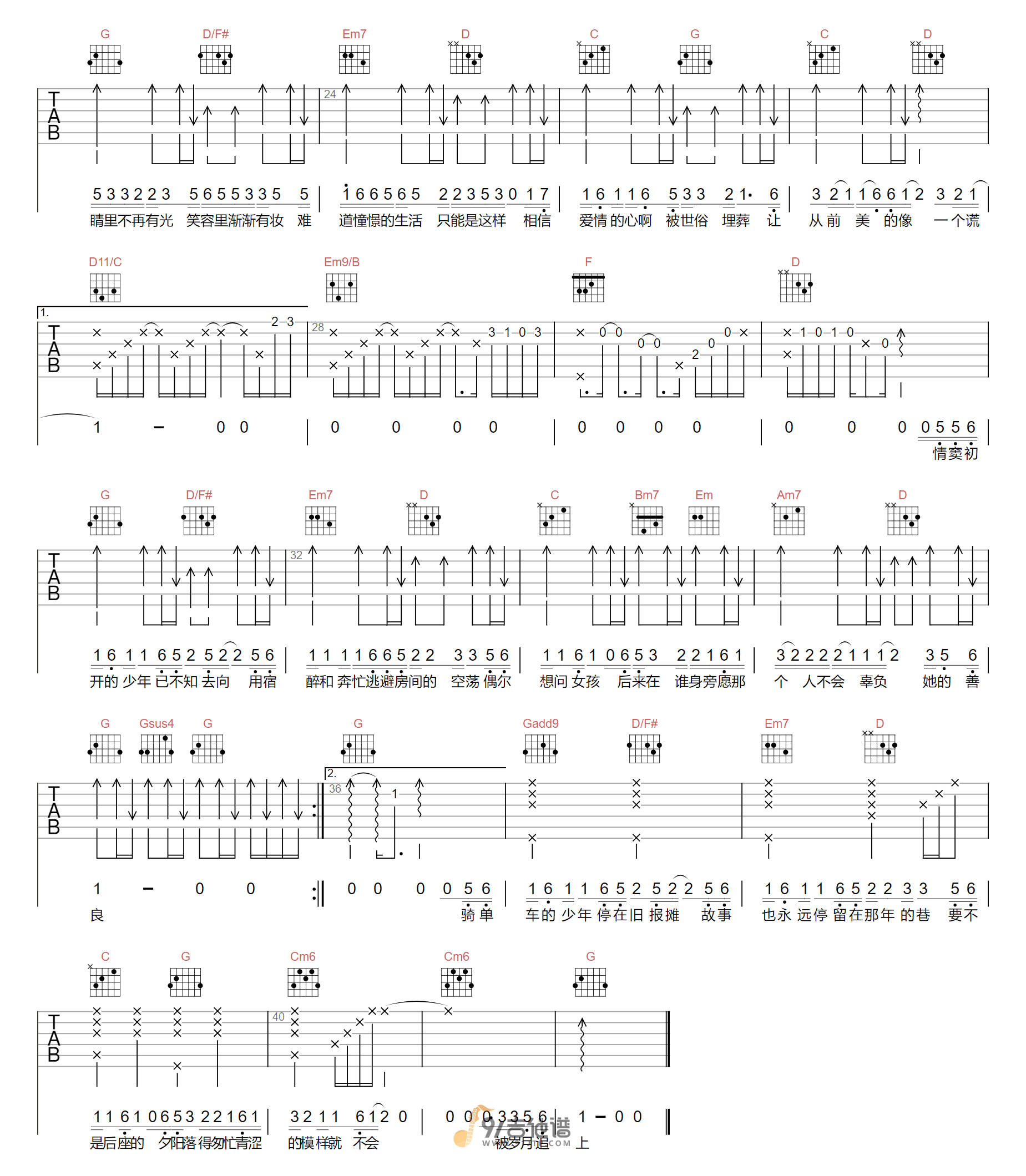范茹_长大成人_吉他谱_G调指法原版编配_民谣吉他弹唱六线谱