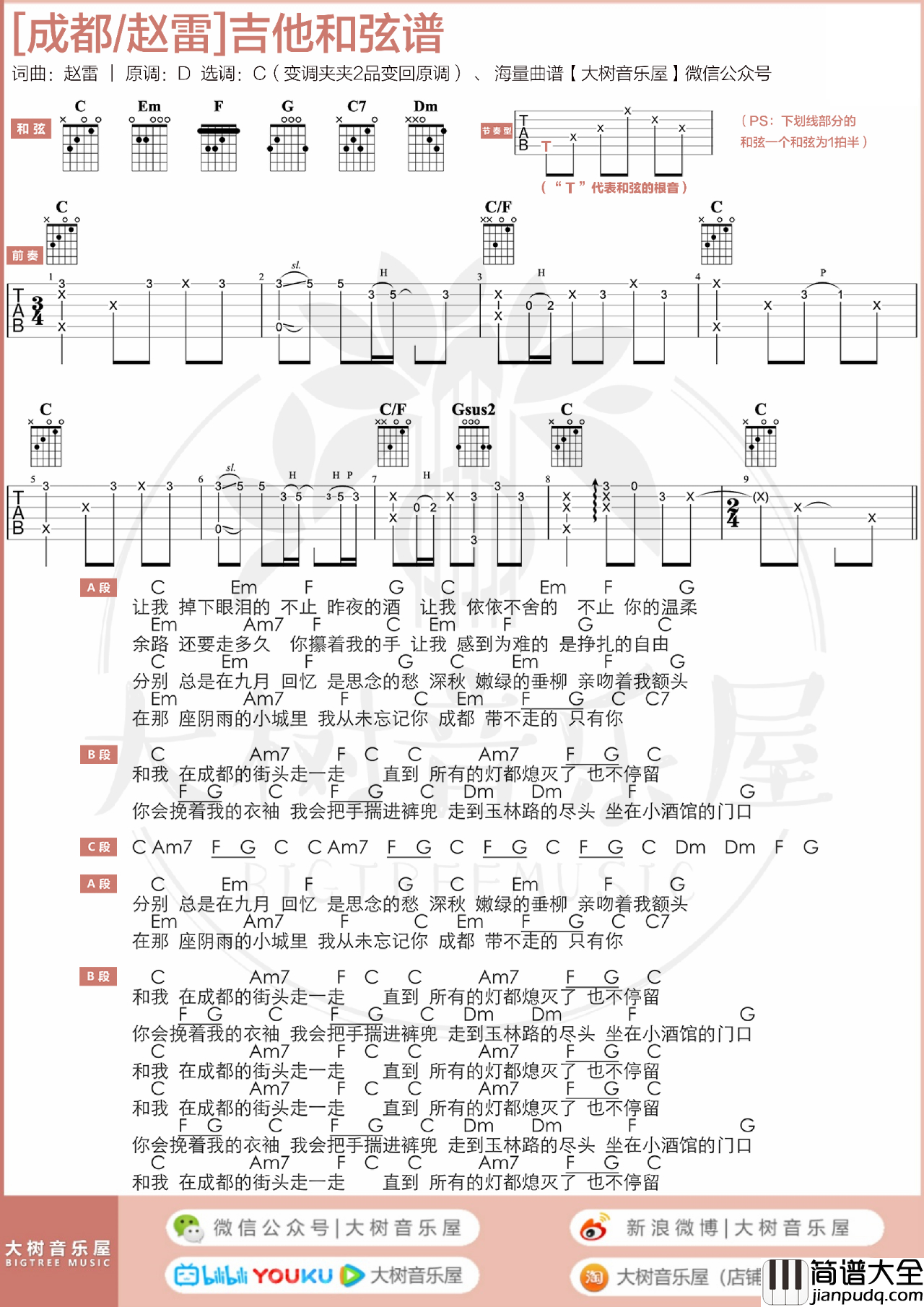 赵雷__成都_吉他谱_C调指法原版_弹唱演示教学