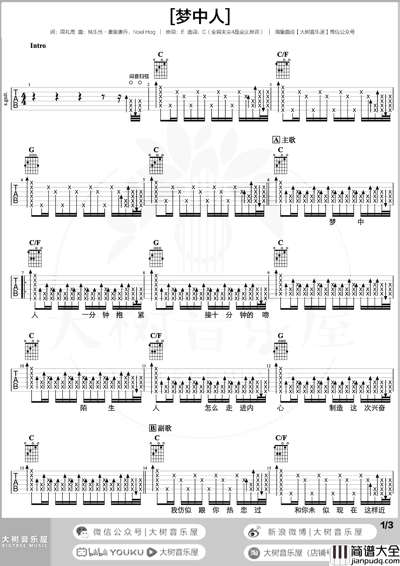 梦中人吉他谱_王菲_C调精编超原版_弹唱演示教学
