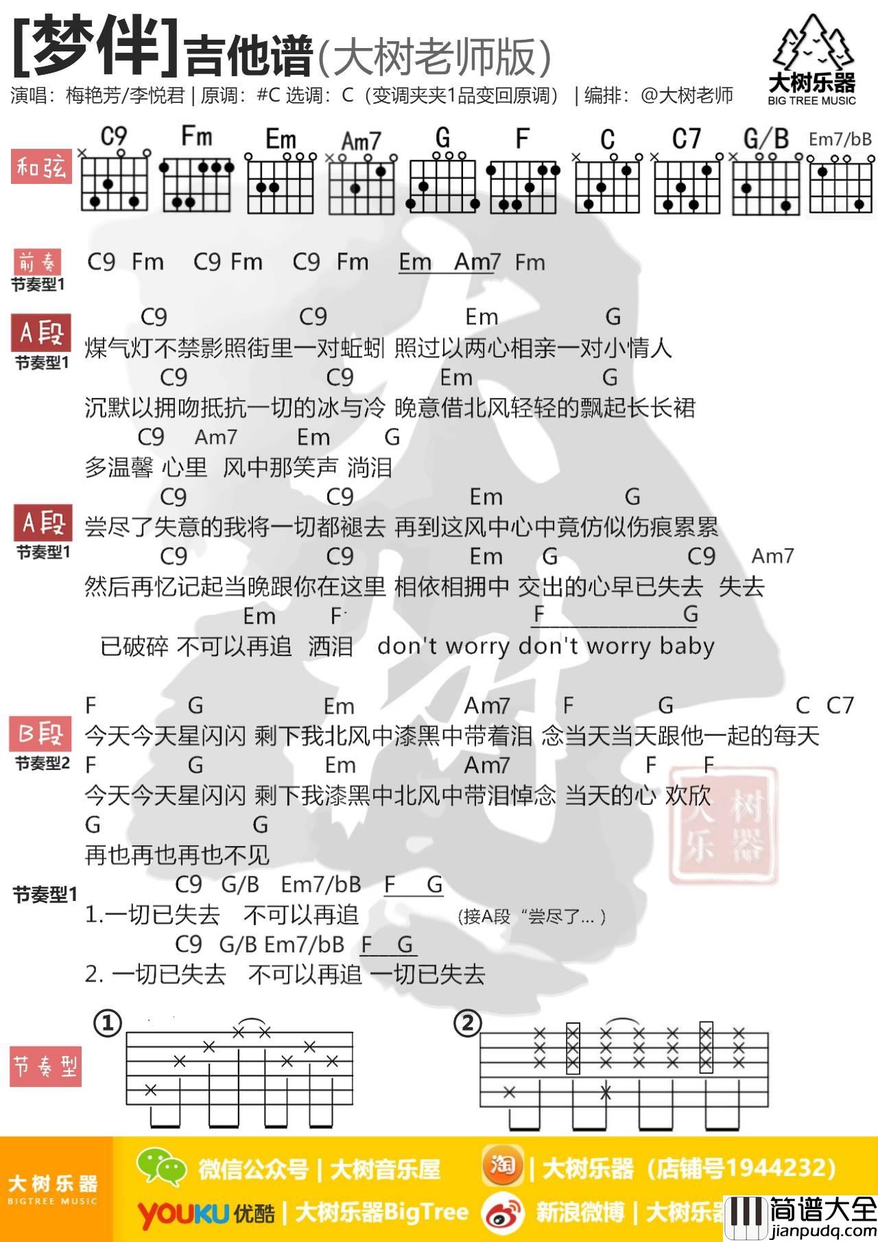 梦伴吉他谱_C调和弦谱_大树音乐编配_李悦君