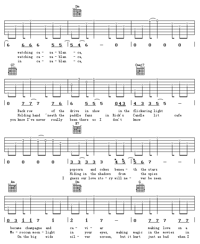 卡萨布兰卡吉他谱_A调扫弦版_17吉他编配_贝蒂·希金斯