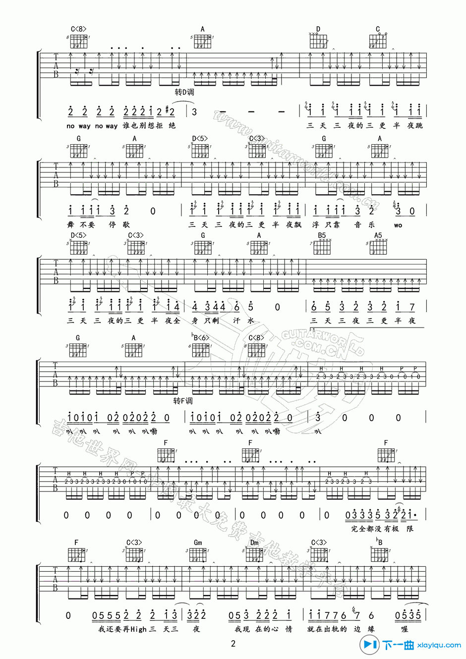 三天三夜吉他谱_F调六线谱_午夜编配_张惠妹