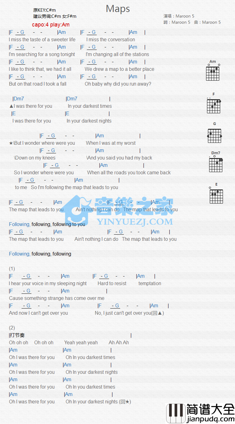 maps吉他谱_C调精选版_音乐之家编配_Maroon_5