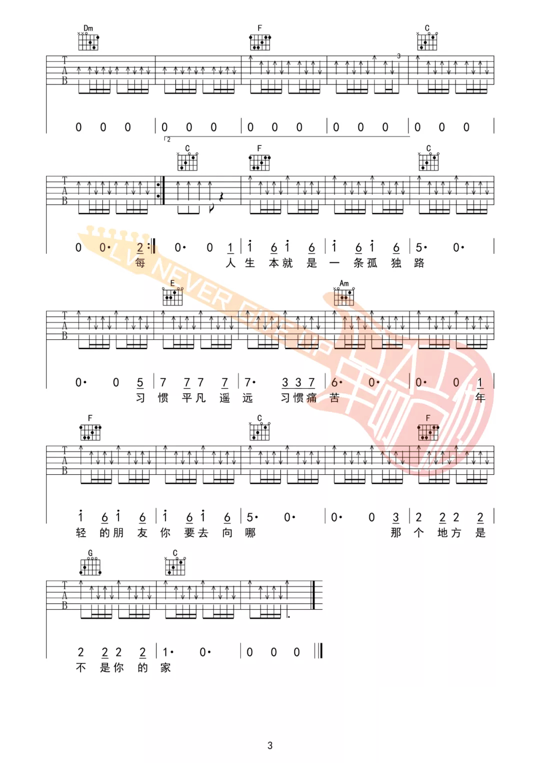 年轻的朋友你要去向哪吉他谱_C.S.B.Q._C调六线谱_吉他弹唱教学