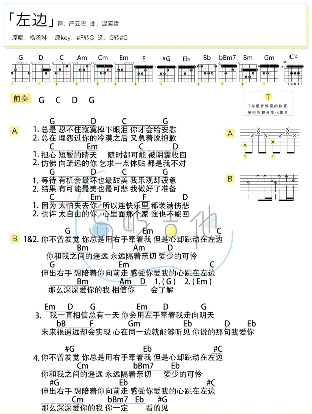 左边吉他谱_杨丞琳_简单版弹唱谱_图片谱