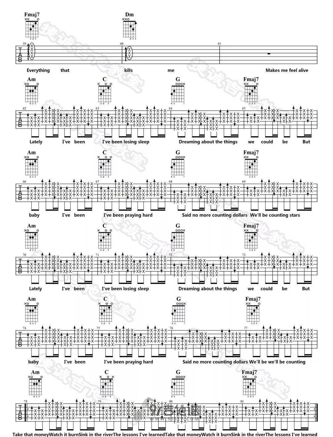 One_Republic_Counting_Stars_吉他谱_C调指法原版编配_民谣吉他弹唱六线谱