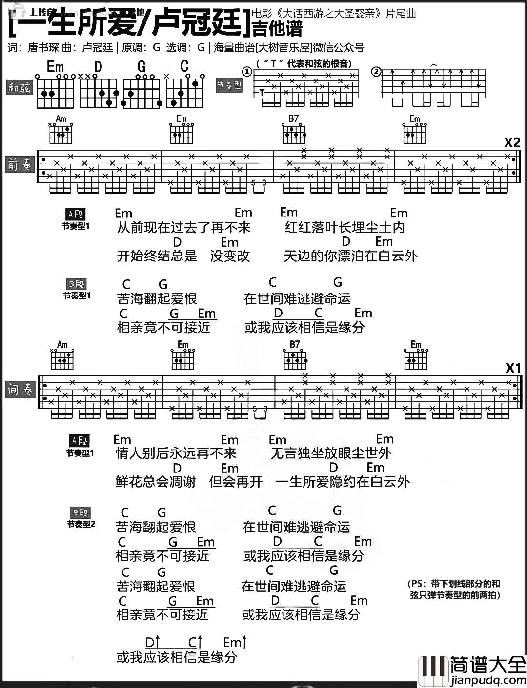 _一生所爱_吉他谱_G调简版六线谱_吉他视频教学_卢冠廷