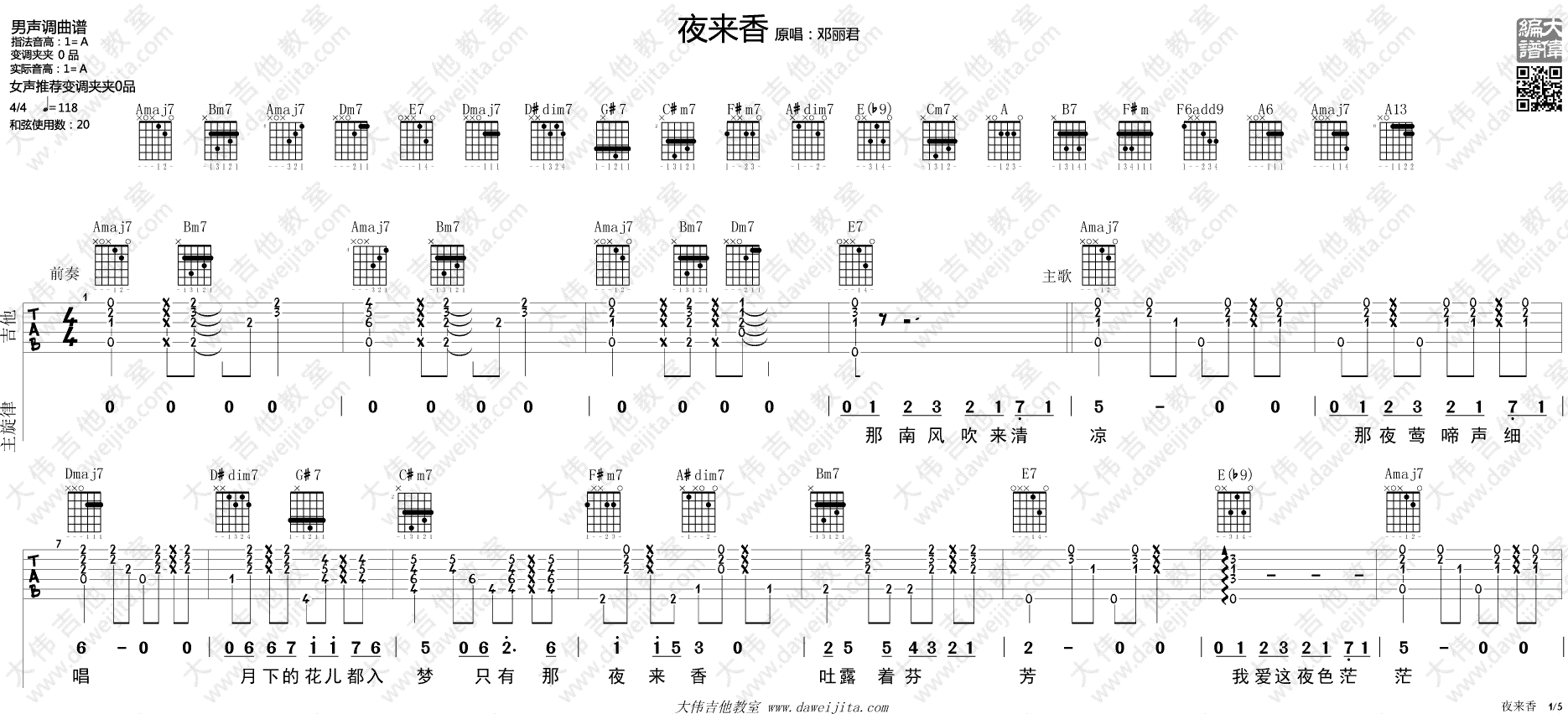 夜来香吉他谱_A调精选版_大伟吉他教室编配_邓丽君