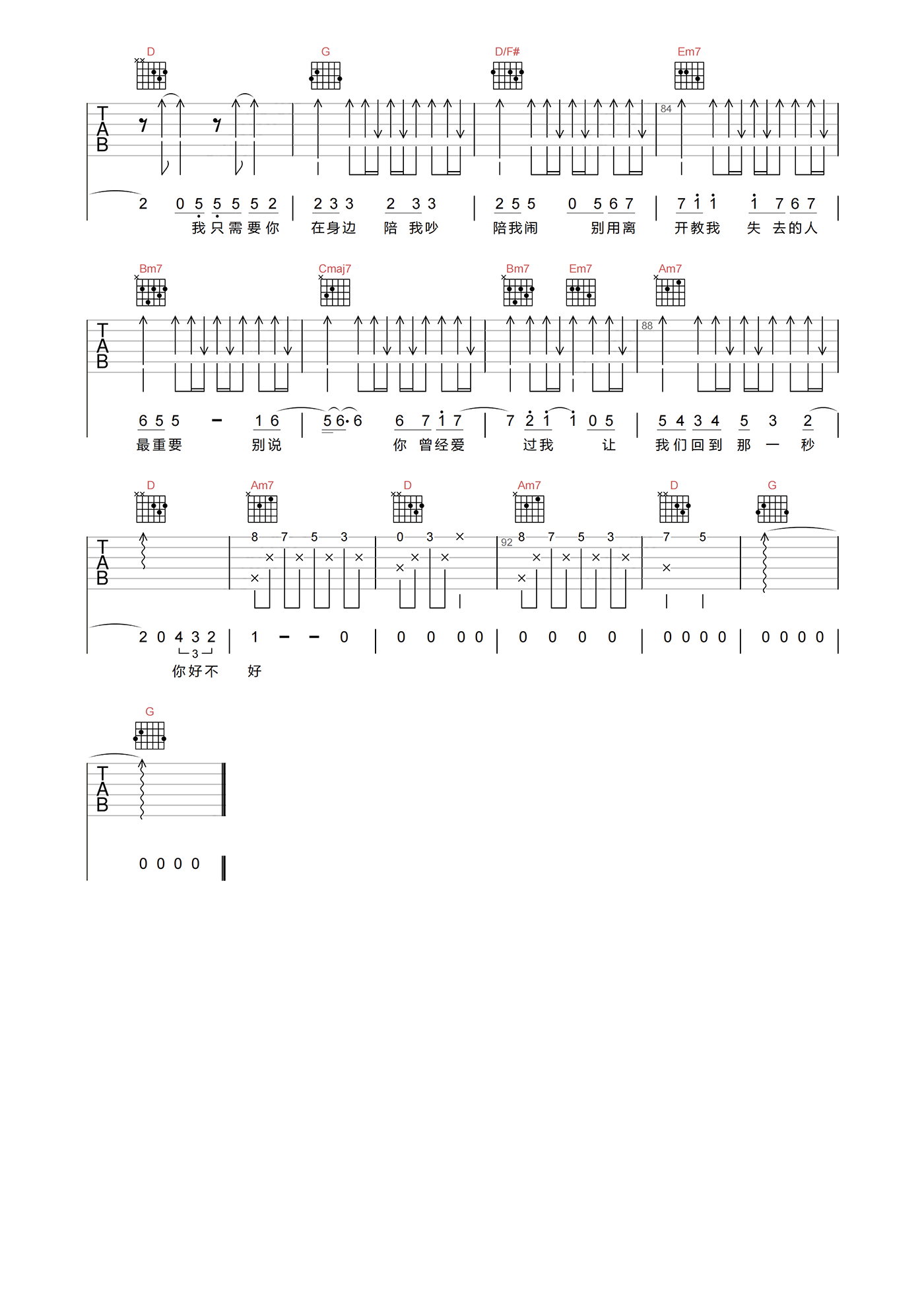 周兴哲_你好不好_吉他谱_G调指法吉他六线谱