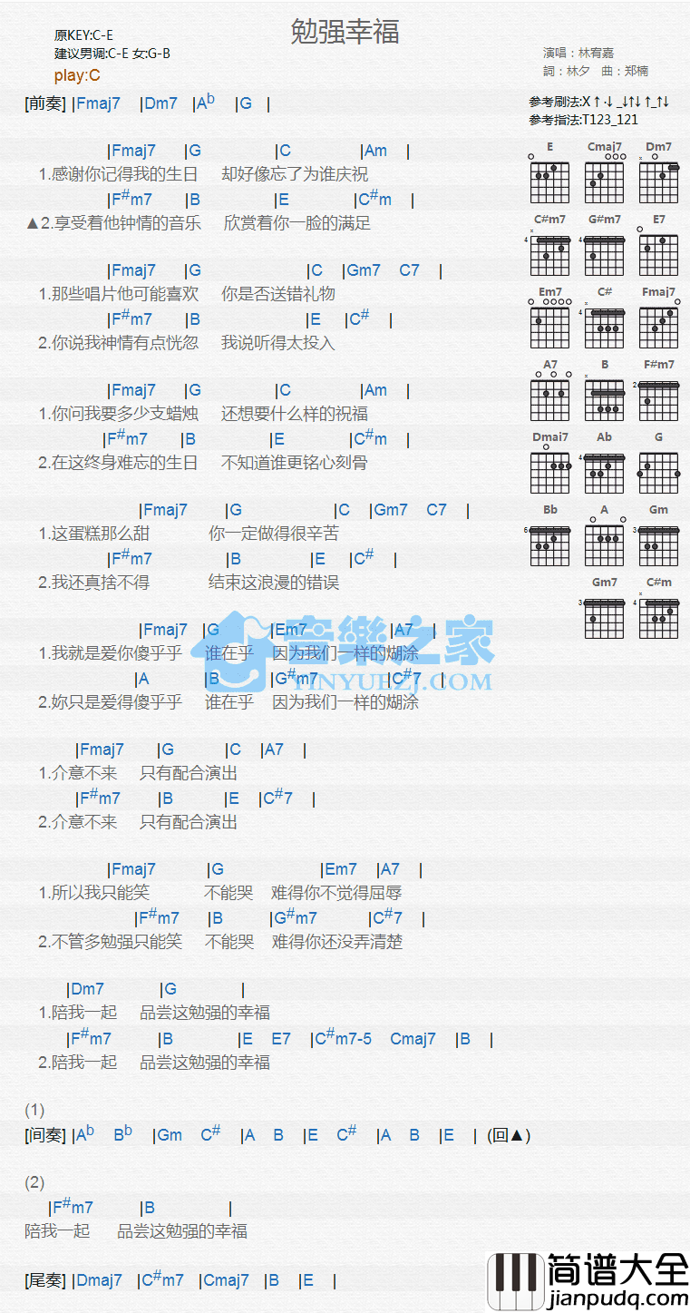 勉强幸福吉他谱_C调和弦谱_音乐之家编配_林宥嘉