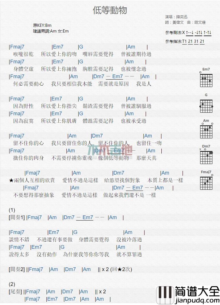 低等动物_吉他谱_陈奕迅