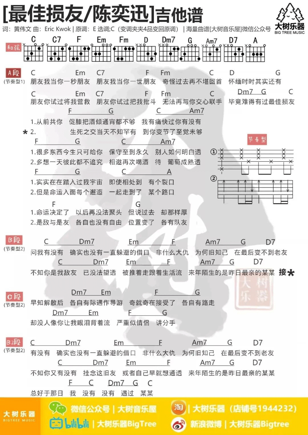 最佳损友吉他谱_陈奕迅_D调原版六线谱/C调和弦谱_弹唱教学