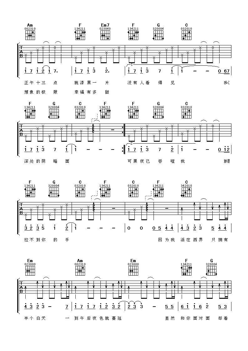 西界吉他谱_C调六线谱_阿潘音乐工场编配_林俊杰