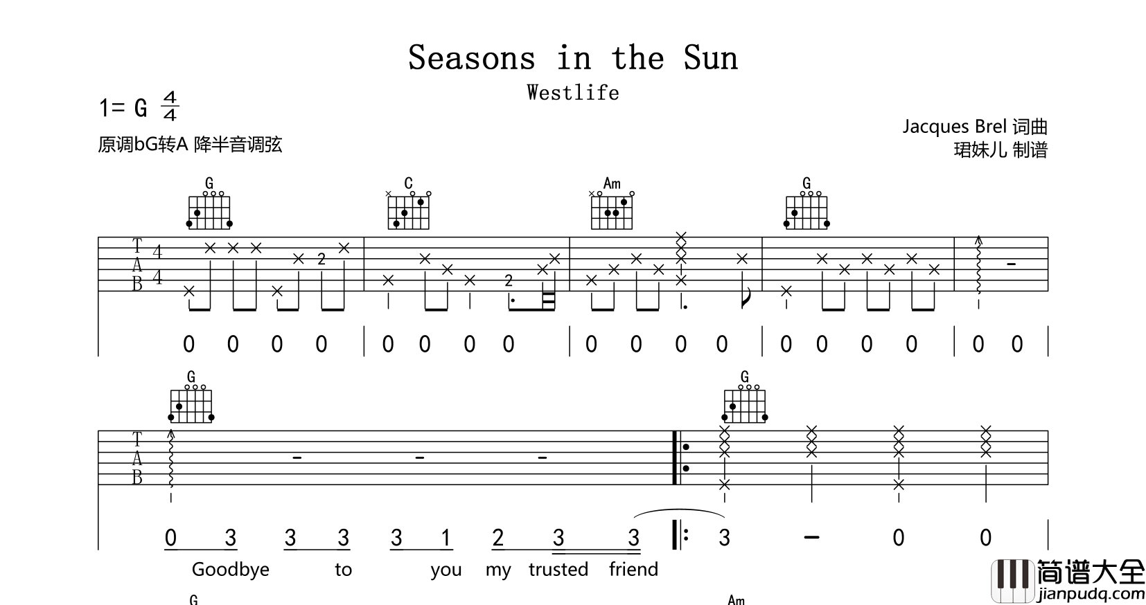 _Seasons_in_the_Sun_吉他谱_Westlife_C转bB调吉他谱