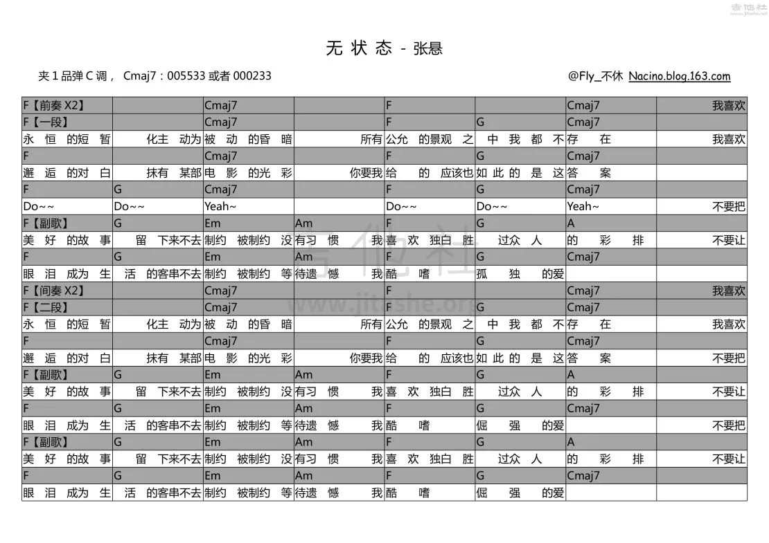 无状态吉他谱_C调和弦谱_吉他社编配_张悬