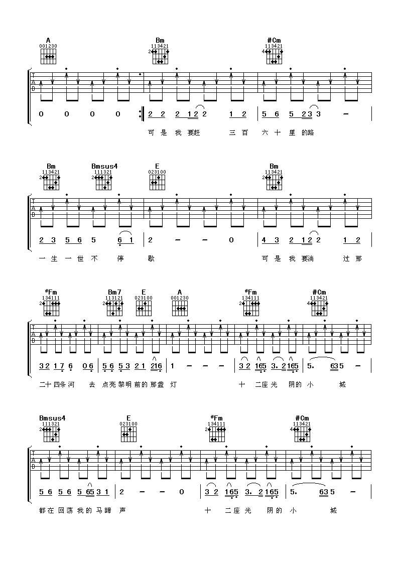 十二座光阴的小城吉他谱_A调扫弦版_阿潘音乐工场编配_林依轮