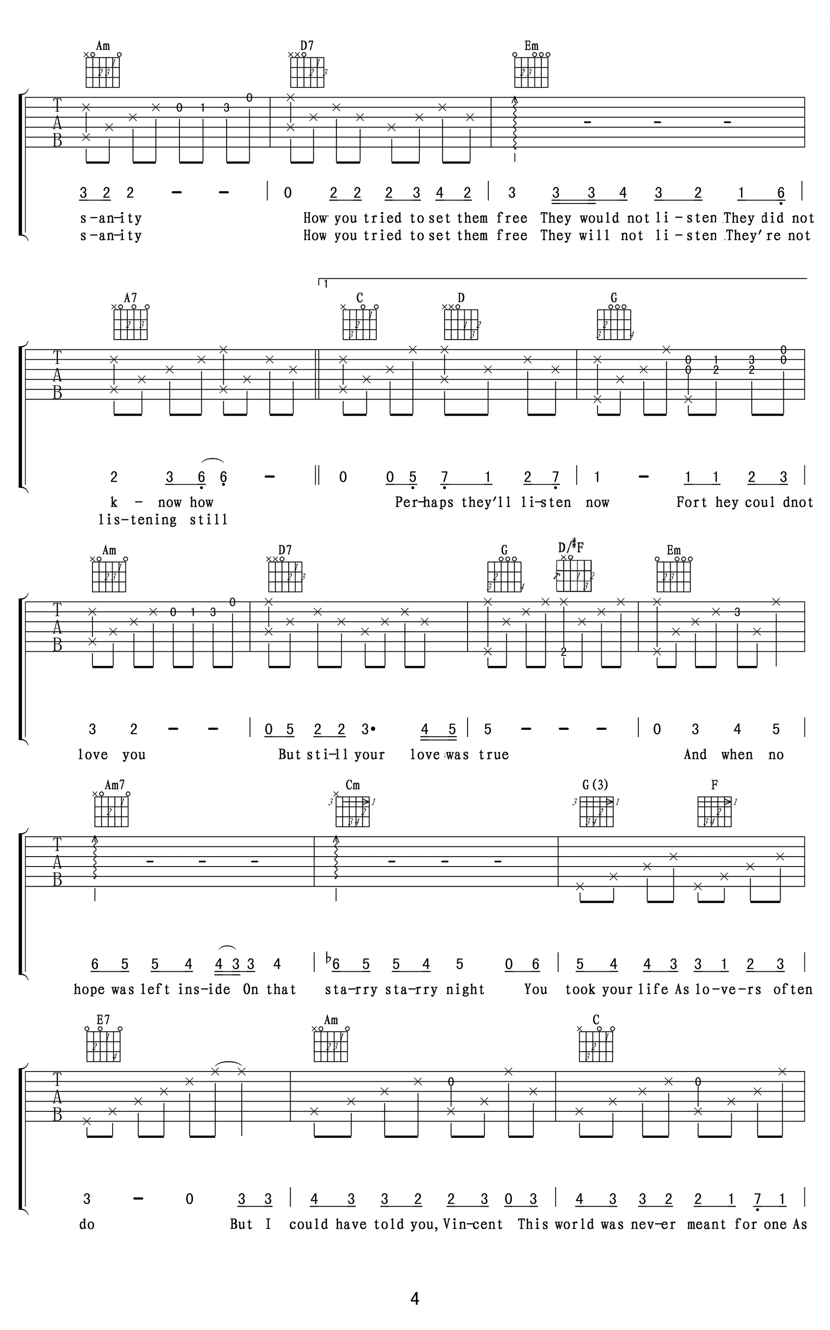 Vincent吉他谱_Don_Mclean_G调原版六线谱_吉他弹唱教学