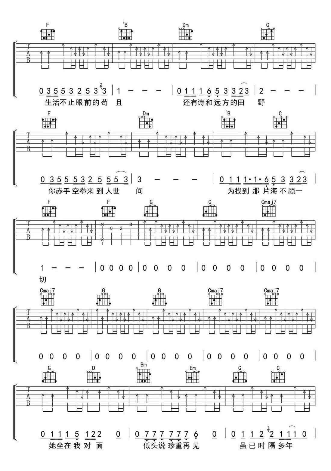 生活不止眼前的苟且吉他谱_许巍_A调_弹唱六线谱
