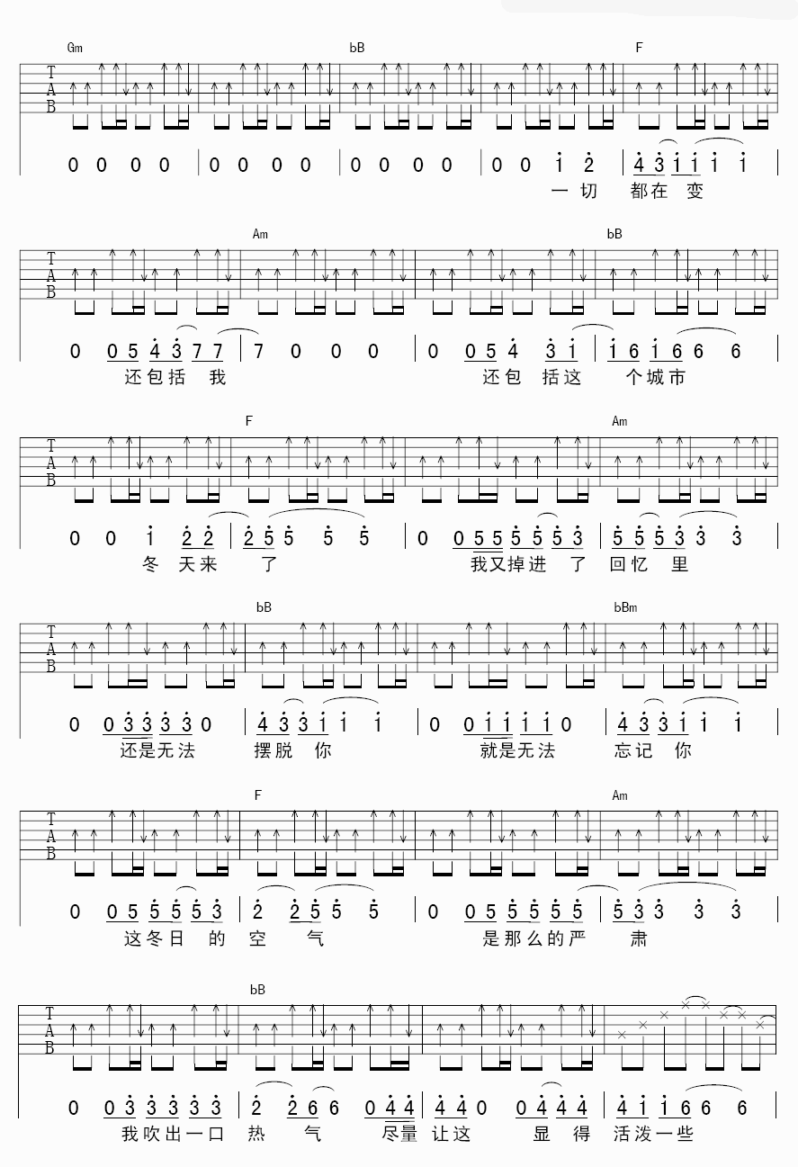 如果冬天吉他谱_F调六线谱_扫弦版_王凡瑞