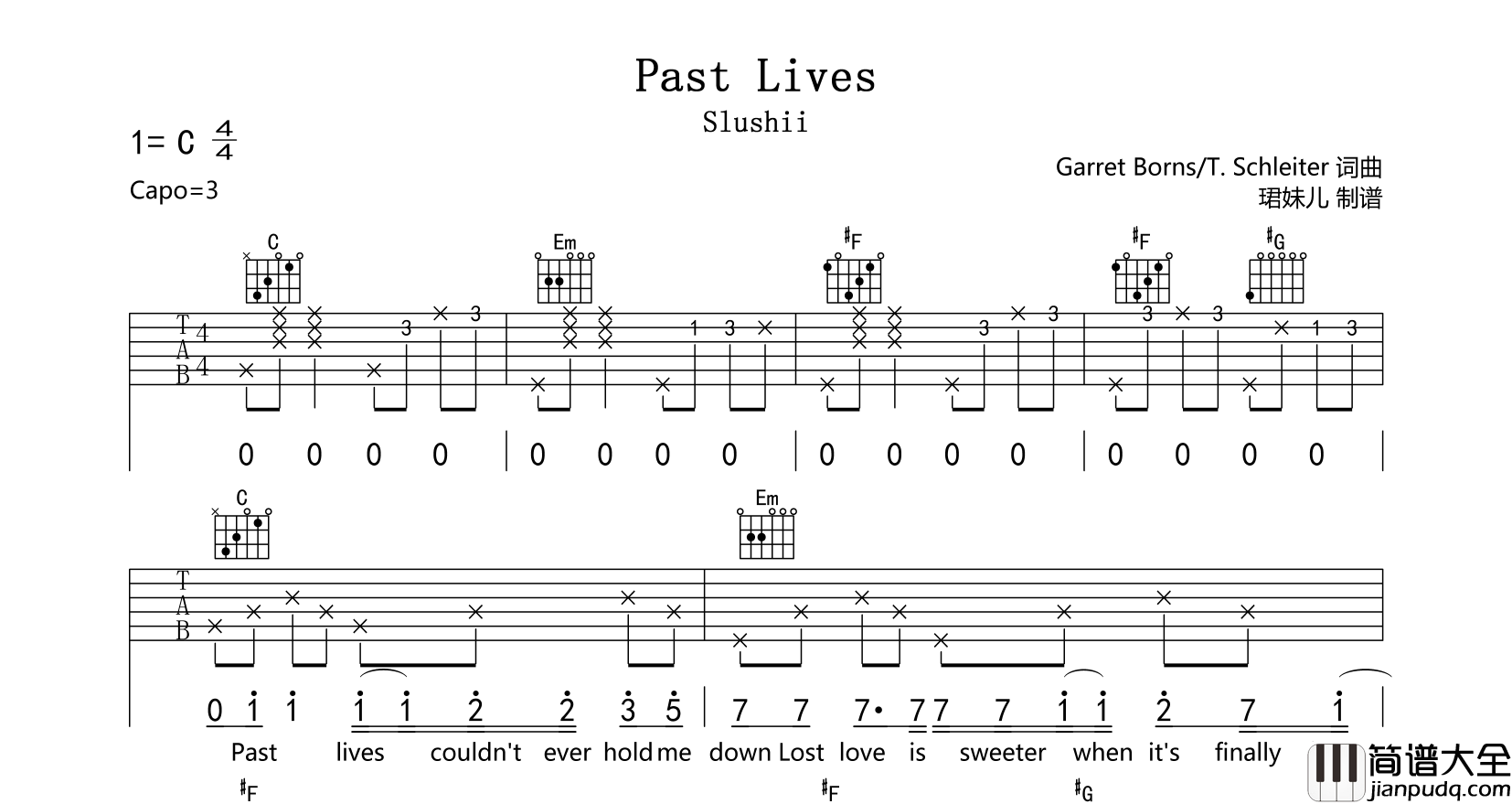 _Past_Lives_吉他谱_Slushii_C调原版六线谱_弹唱谱