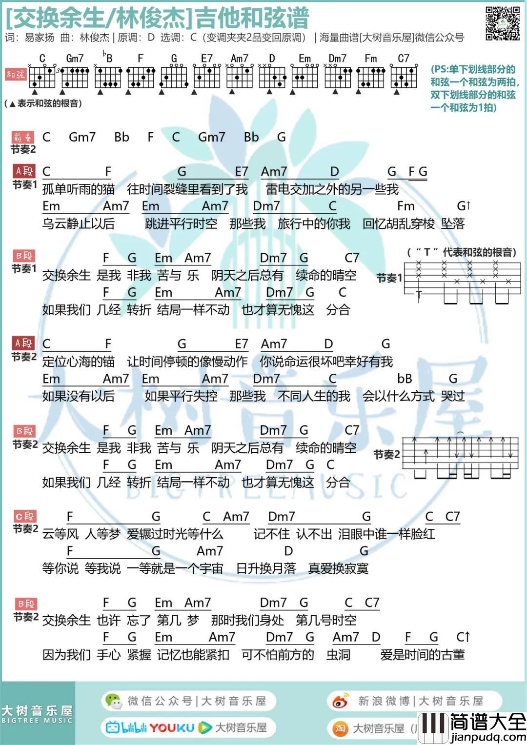 交换余生吉他谱_C调和弦谱_大树音乐屋编配_林俊杰