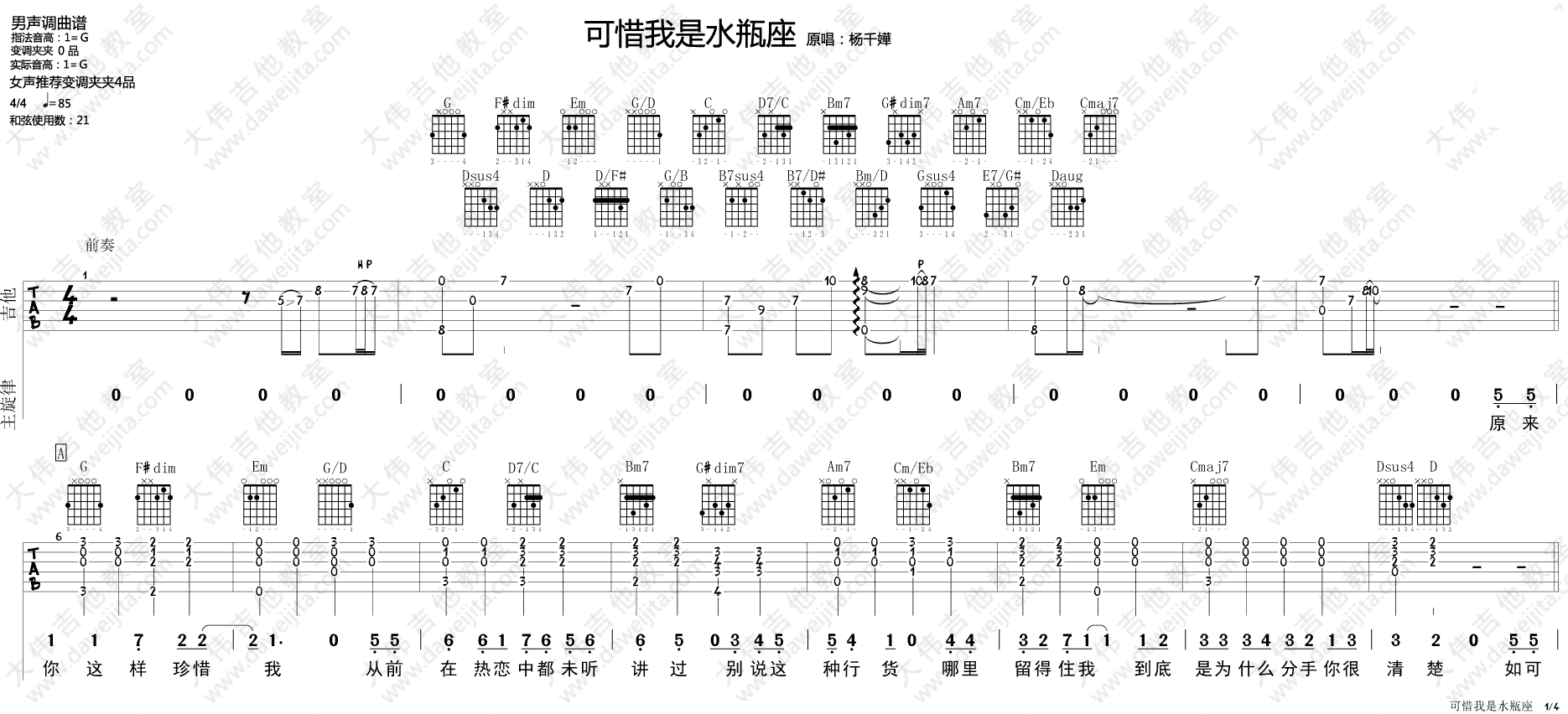 可惜我是水瓶座吉他谱_G调_大伟吉他教室编配_杨千嬅