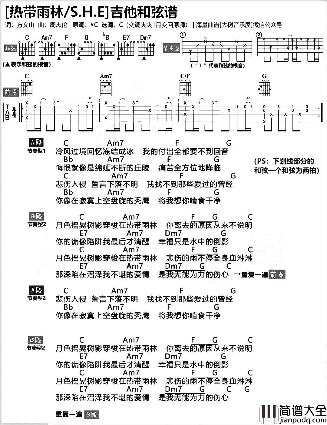 _热带雨林_吉他谱_C调原版和弦谱_高清图片谱_SHE